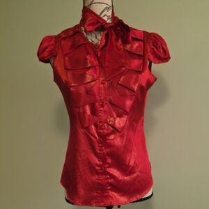 BCBGMaxAzria Red Satin Blouse with Bow